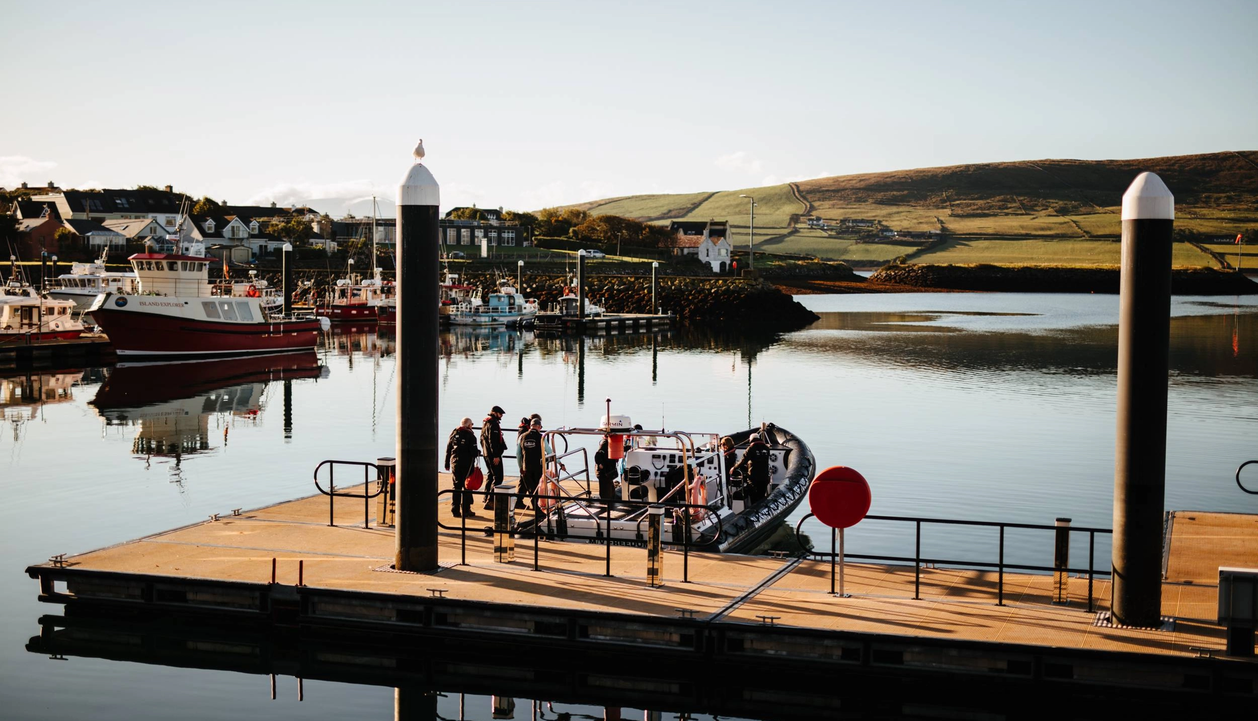 A wooden pier extends into calm harbor waters where a group of visitors board a small tour boat. Fishing vessels and colorful buildings line the waterfront of Dingle, with rolling green hills visible across the bay under overcast skies.