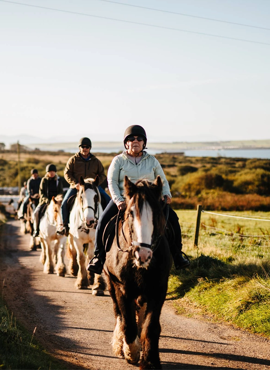 A group of people ride horses along a rural dirt road lined with green fields, with water and hills visible in the distance under a clear sky.