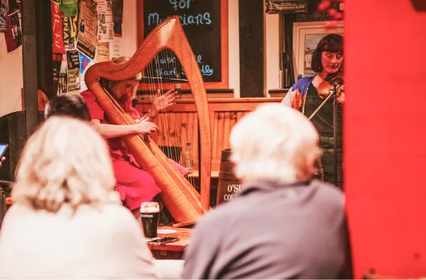 A musician plays a large harp in a warm, red-toned room while two older visitors with white hair listen from the foreground. A mirror reflects the performer, and traditional Irish décor fills the background.