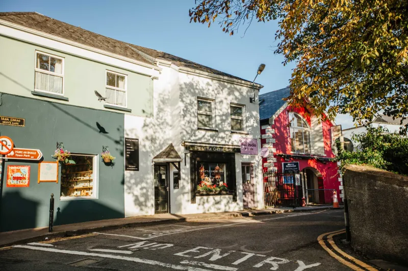 Colorful row of small shop buildings on a narrow street in Dingle, including a white-fronted building with shop windows, a green-painted cottage, and a vibrant red ivy-covered storefront, set against mountains under clear blue sky.