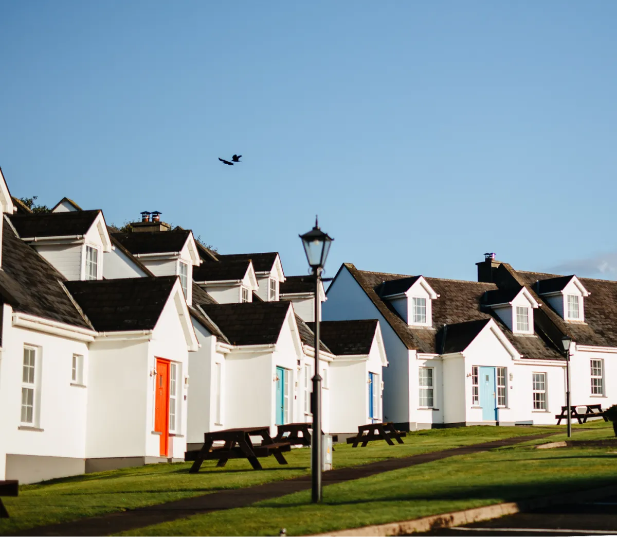 A row of white-painted cottage accommodations with dark roofs and colorful front doors sits on a grassy waterfront lawn under clear blue sky, with a traditional street lamp and picnic tables visible in front of the buildings.